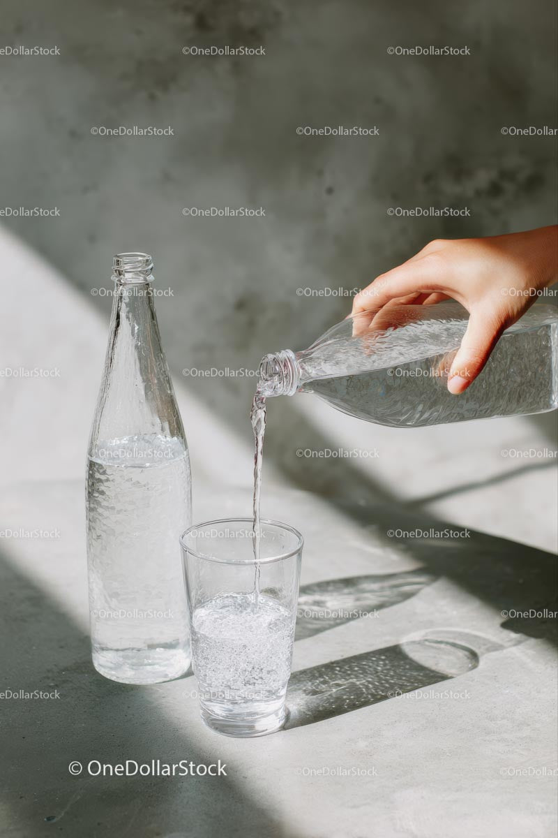 Pouring Water into a Glass with Sunlit Reflections