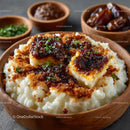 Creamy Rice Pudding with Caramel Topping in Wooden Bowl