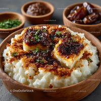Creamy Rice Pudding with Caramel Topping in Wooden Bowl