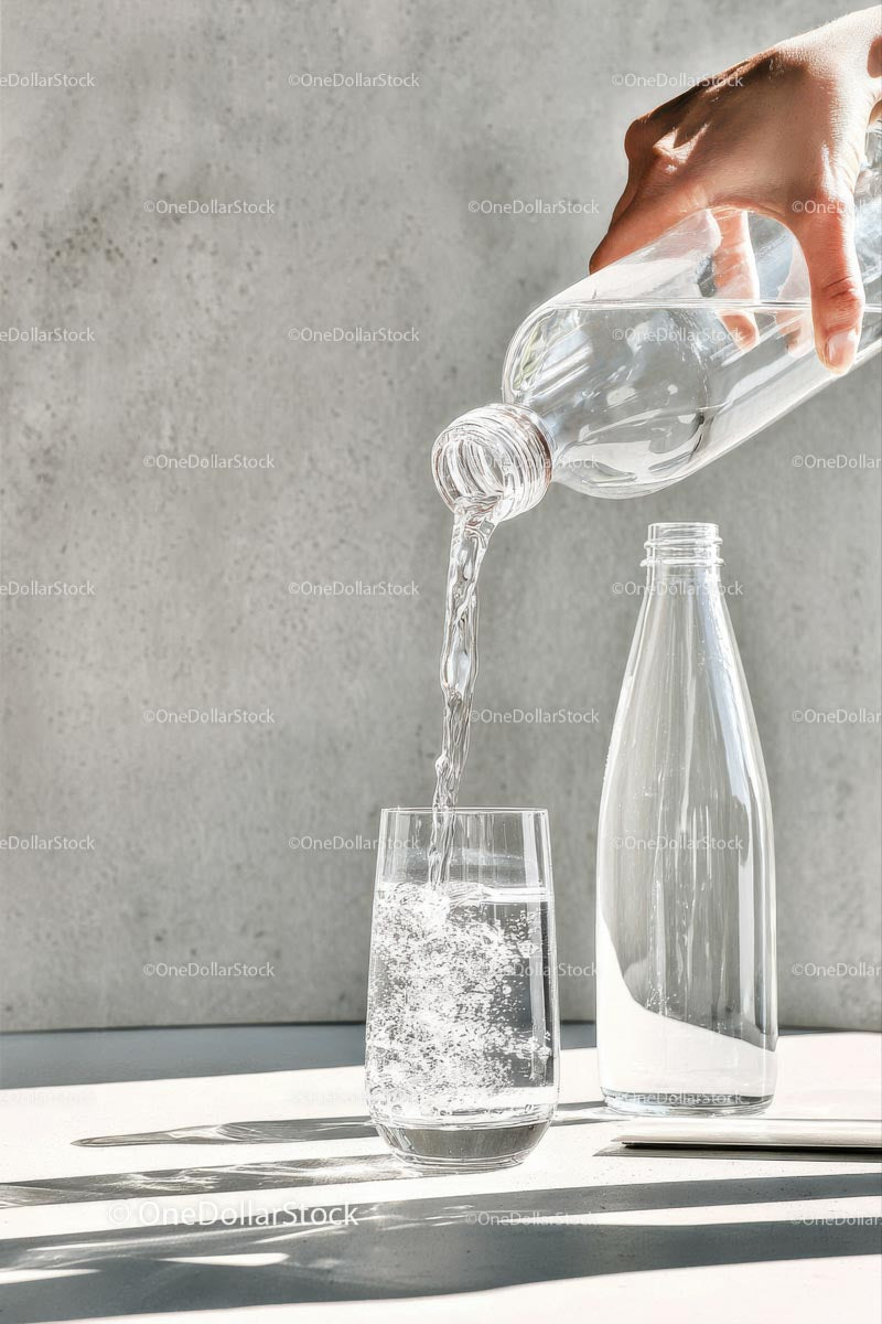 Pouring Water into a Glass with Sunlit Reflections
