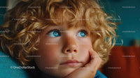 Curly-Haired Boy with Blue Eyes in Thoughtful Pose
