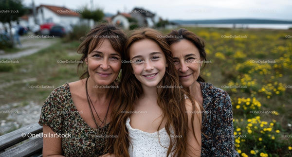 Three Generations of Women in a Blooming Field