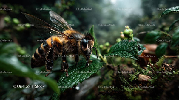 Macro Shot of Honeybee on Green Leaf in Natural Habitat