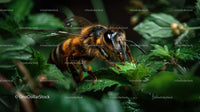 Close-Up of a Honeybee on Vibrant Green Leaves