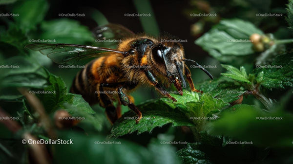 Close-Up of a Honeybee on Vibrant Green Leaves
