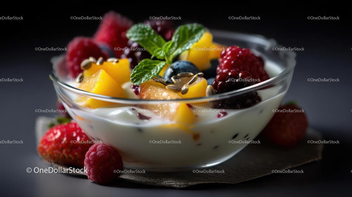 Mixed Berries and Mango in Creamy Yogurt with Mint