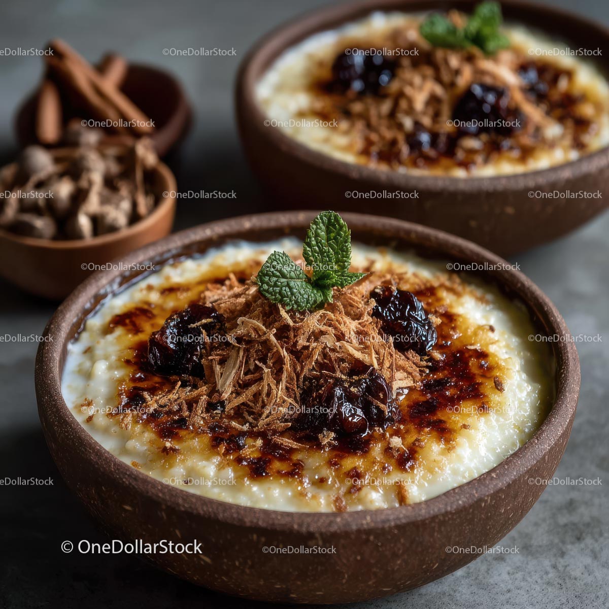 Rustic Rice Pudding with Cinnamon and Mint Garnish