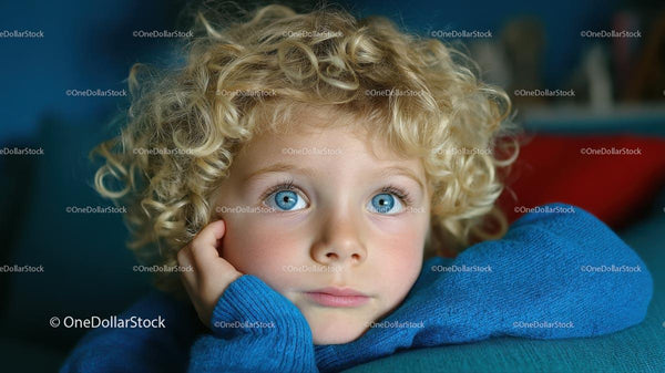Thoughtful Child with Curly Hair Relaxing Indoors