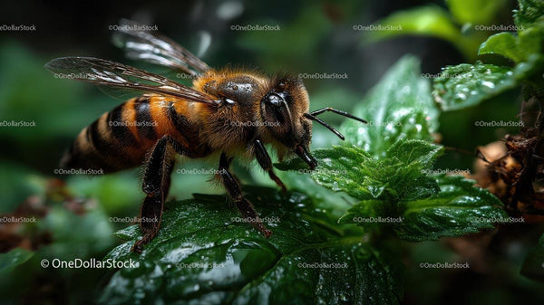 Honeybee Perched on Fresh Green Leaves with Dew