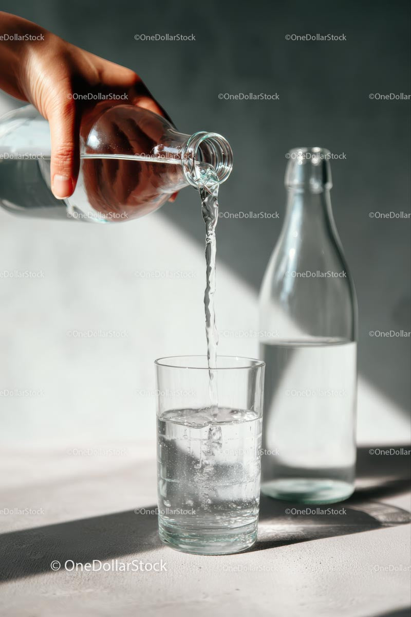 Pouring Fresh Water into Glass from Bottle
