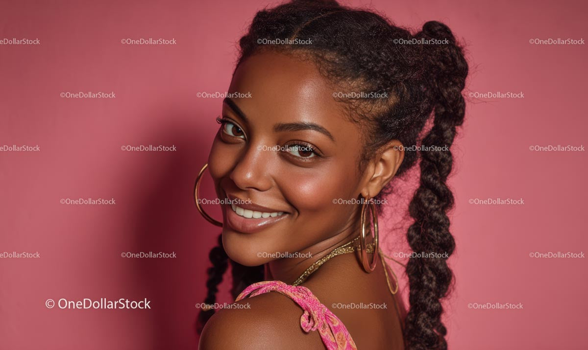 Content Woman with Braided Hair on a Rose-Pink Background