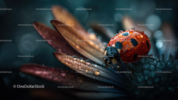 Ladybug with Raindrops on Vibrant Flower Petals