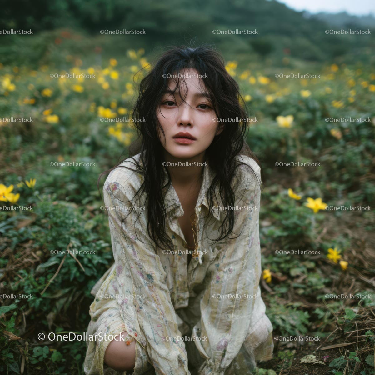 Woman in Floral Meadow Surrounded by Yellow Blooms