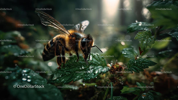 Honeybee on Dew-Kissed Leaf in Lush Forest Setting
