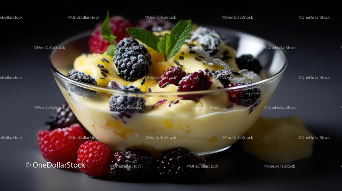 Mixed Berries and Mango in Creamy Yogurt with Mint