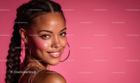 Smiling Woman with Braided Hair on Pink Background