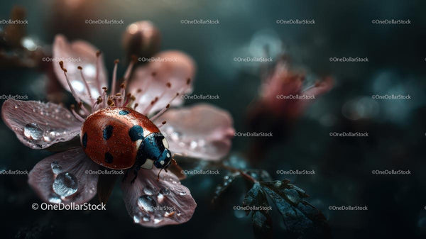 Ladybug Resting on Dewy Blossom Petal