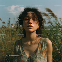 Young Woman with Windblown Hair in Natural Setting