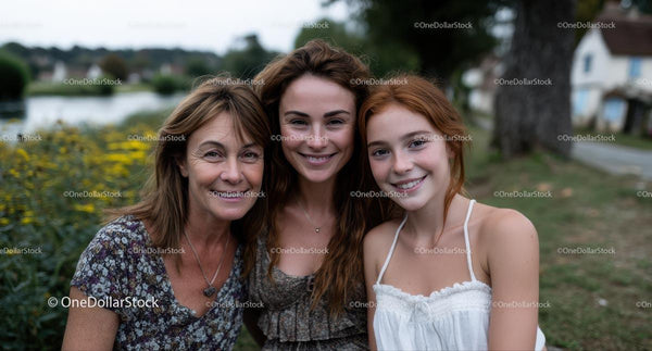 Mother with Daughters in a Tranquil Countryside Setting