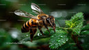 Close-Up of Honey Bee on Dew-Covered Green Leaves