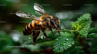 Close-Up of Honey Bee on Dew-Covered Green Leaves