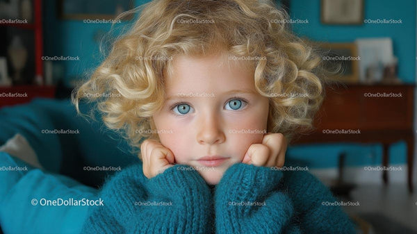Urocze dziecko z kręconymi blond włosami i niebieskimi oczami