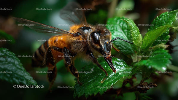 Close-Up of Honeybee on Green Leaf