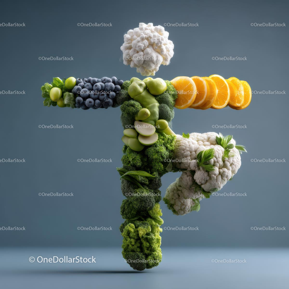 Fruit and Vegetable Alphabet Letter on Blue Background