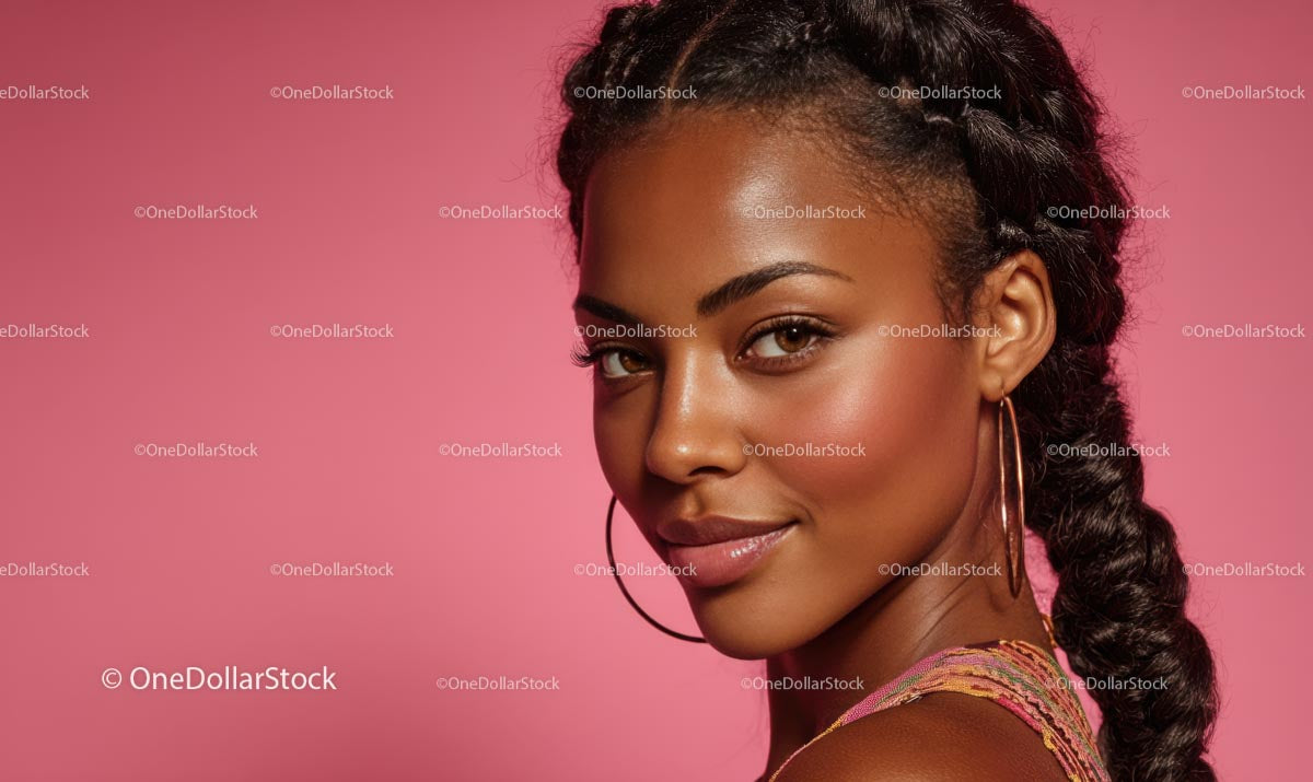 Confident Woman with Braided Hair Against Pink Background