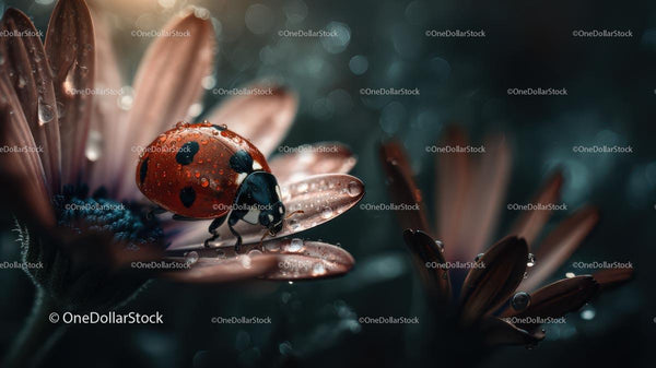 Ladybug with Raindrops on Flower Petals