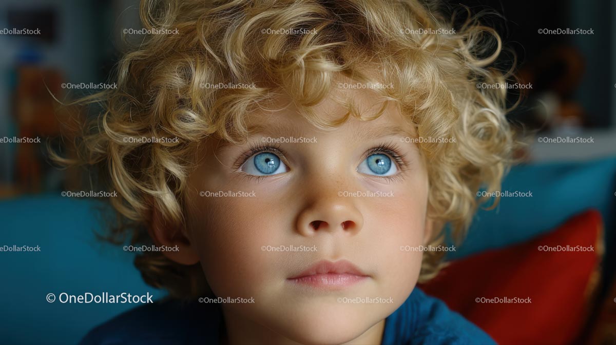 Portret dziecka z kręconymi blond włosami i niebieskimi oczami