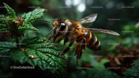 Honeybee in Action on Green Leaf Close-Up