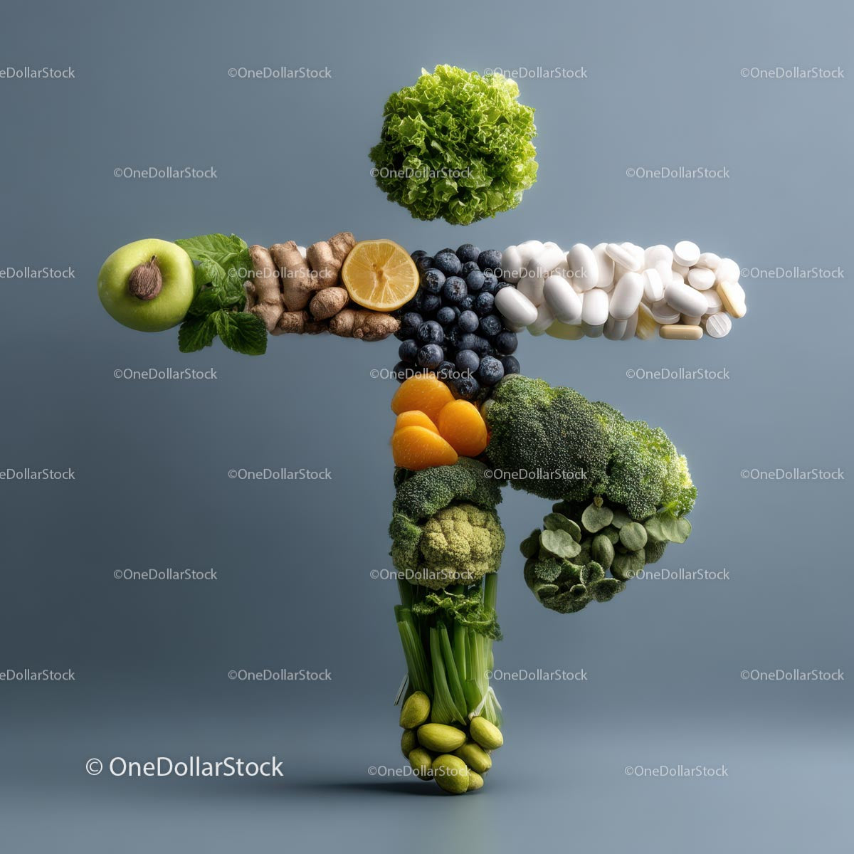 Creative Composition of Fruits, Vegetables, and Supplements