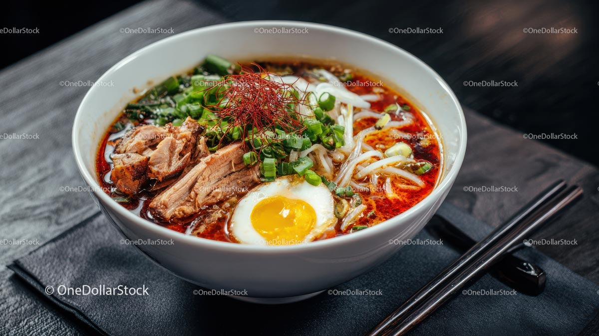 Spicy Ramen Bowl with Pork, Egg, and Fresh Garnishes