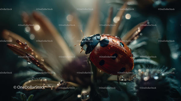 Ladybug on Flower with Dew Drops in a Natural Setting
