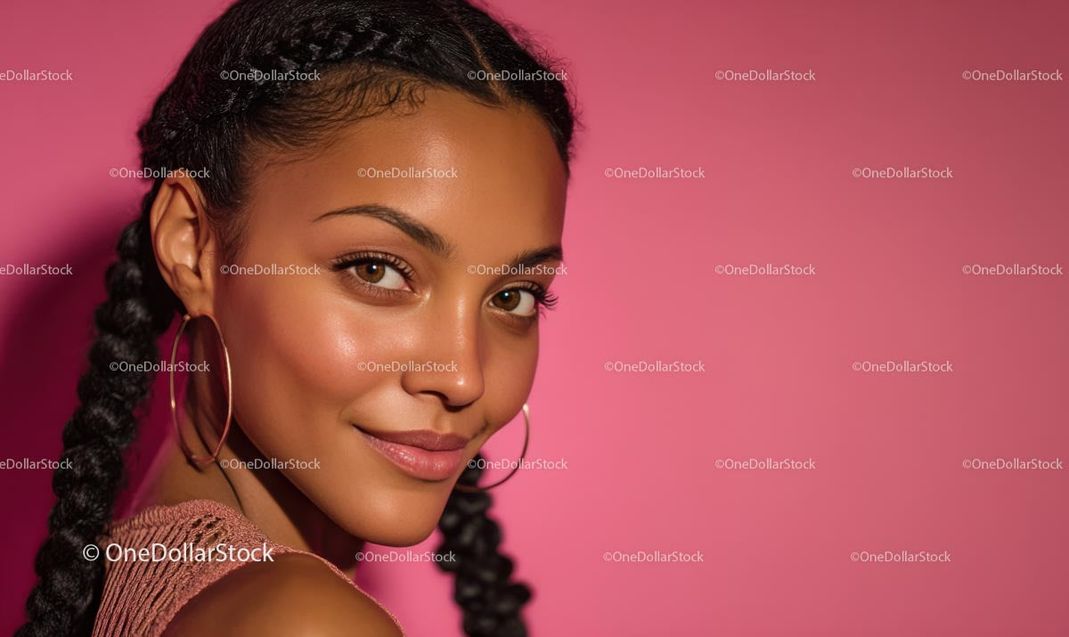 Confident Woman with Braided Hair and Pink Background