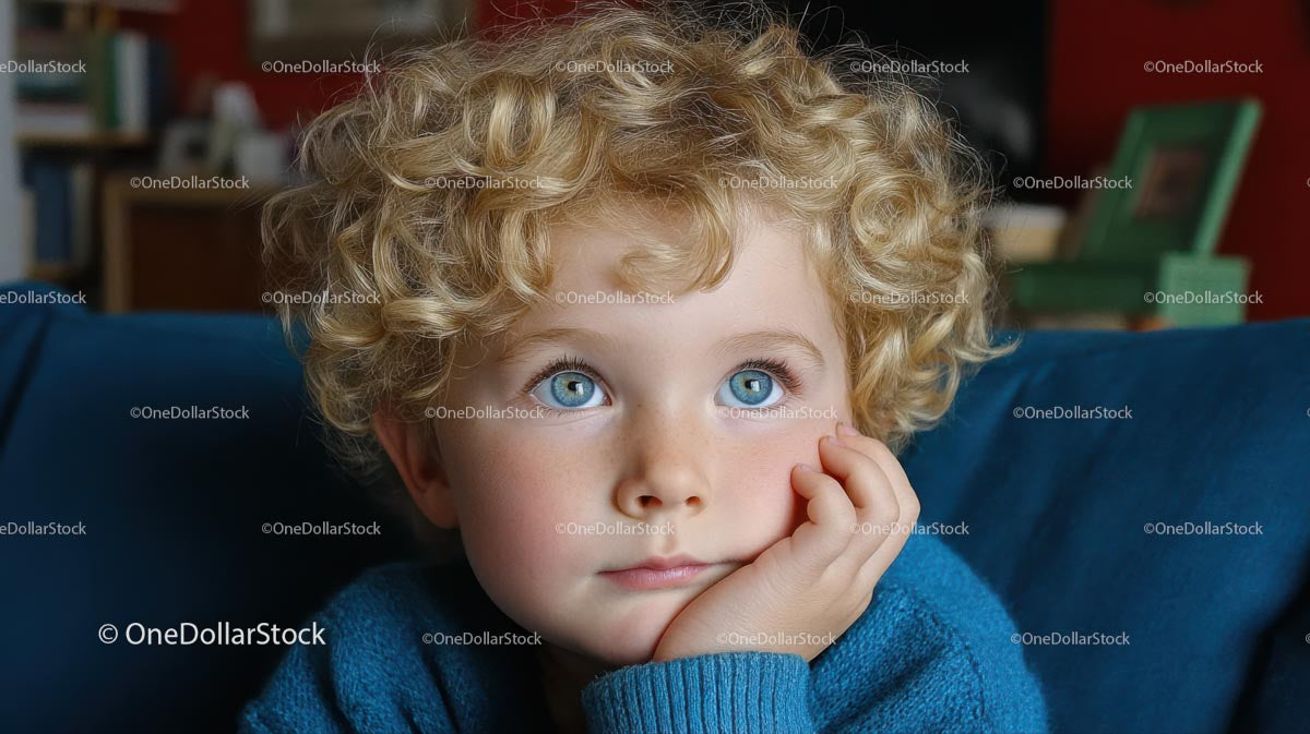 Curly-Haired Child Daydreaming in Cozy Home Setting