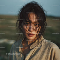 Woman with Wind-Blown Hair in Serene Outdoor Setting