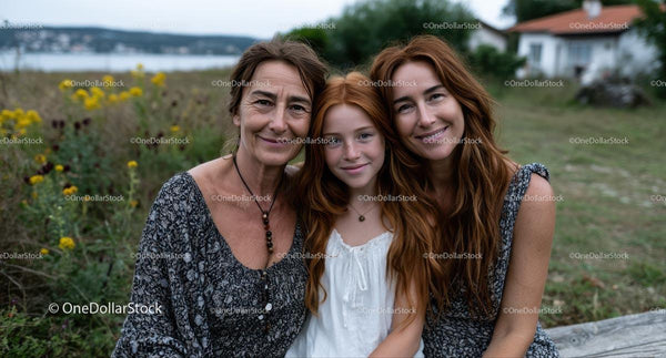 Three Generations of Smiling Women with Red Hair Outdoors
