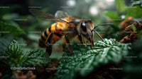 Vibrant Honeybee on Lush Green Leaves