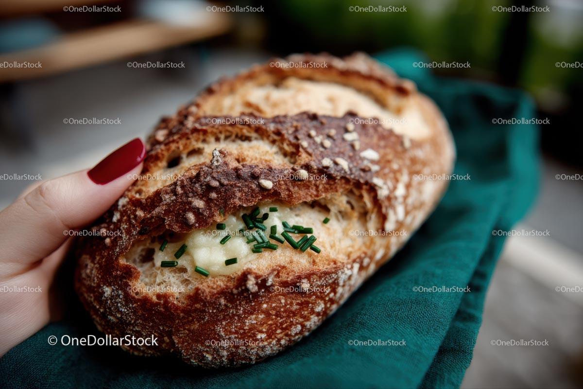 Rustic Sourdough Bread With Chives Garnish