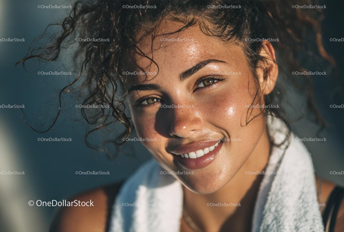 Smiling Woman With Curly Hair and Towel in Sunshine
