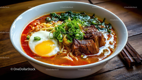 Spicy Ramen with Beef and Soft-Boiled Egg on Wooden Table