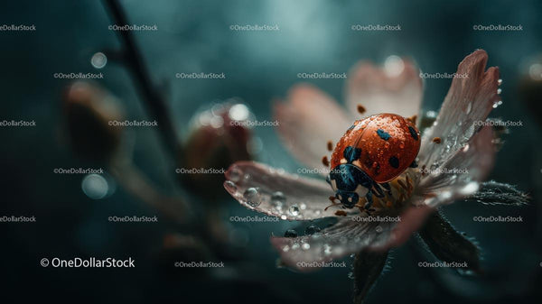 Ladybug Resting on a Rain-Kissed Flower Petal