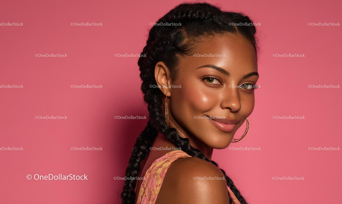 Smiling Young Woman with Braided Hair on Pink Background