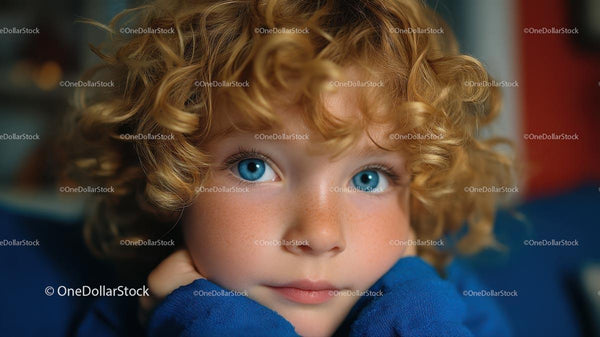 Portrait of a Child with Curly Blonde Hair and Blue Eyes