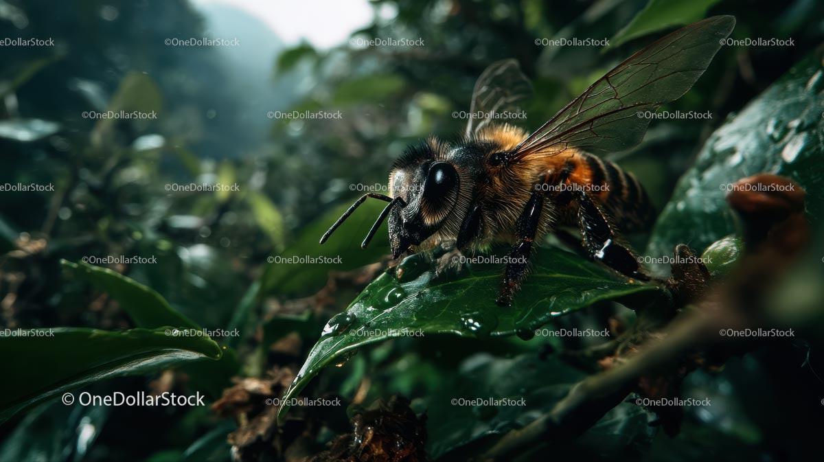 Close-Up of a Honeybee on Dew-Kissed Green Leaves