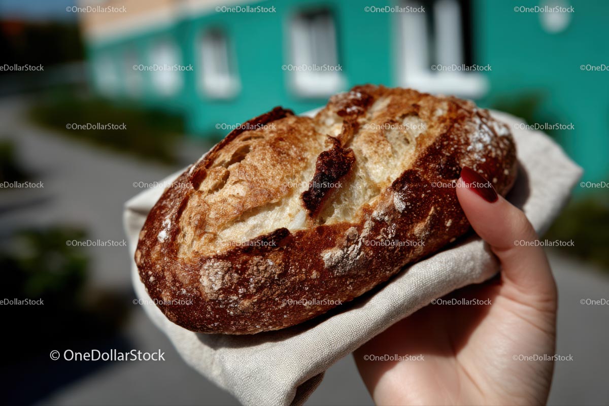 Crispy Artisan Sourdough Bread Held Outdoors