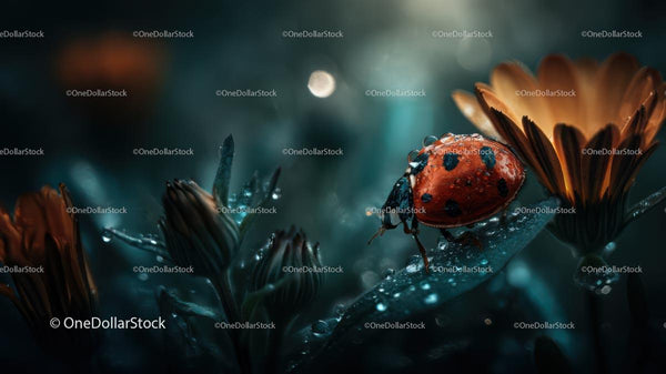 Ladybug Resting on a Dewy Leaf