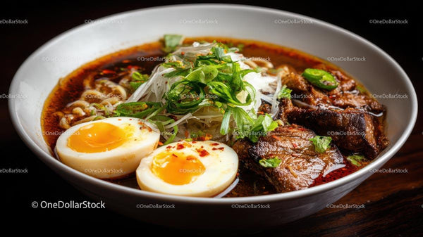 Gourmet Ramen Bowl with Soft Boiled Eggs and Fresh Herbs